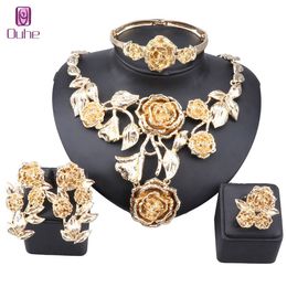 Luxury Dubai Gold Colour Rose Flower Jewellery Set For Women Necklace Bangle Earrings Ring Wedding Bridal Jewellry Set