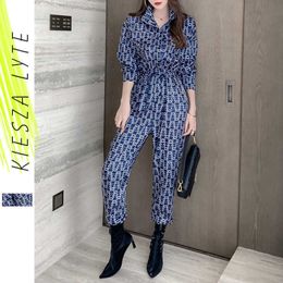 Jumpsuit Women Casual Fashion Drawstring Satin Printed Long Overalls Jumpsuits for Womens Office Lady Romper 210608