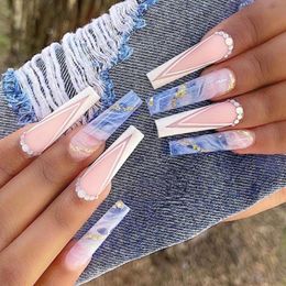 False Nails 24Pcs Long Ballet V-Shape French With Glue Marble Smudge Rhinestone Design Fake Nail Art Wearable Press On Tips