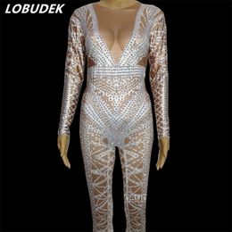 female costume Novelty Rompers costume Shining stone white black crystal Sexy jumpsuit stage Diamond star performance party T200303