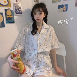 QWEEK Korean Style Bear Print Pyjamas Women Clothing Sets Summer Plus Size Pyjamas for Teen Girls Kawaii Pijamas Sleepwear 220329