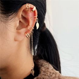 Clip-on & Screw Back Fashion Gold Color Geometry Clip Earrings For Women Simple Leaves Fake Cartilage Long Tassel Ear Cuff Jewelry GiftsClip