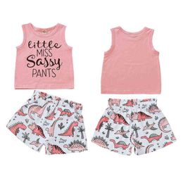 Citgeett Summer Toddler Kids Baby Girls Sleeveless T-shirt Letters Tops Vest Dinosaur Shorts Clothing Tracksuit Set J220711