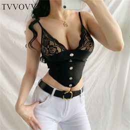 TVVOVVIN Fashion Mesh Lace Stitching Button V Neck Show Thin Backless Sexy Vest Tops Tank Girl Female Woman O88C 210401