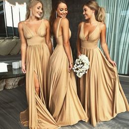 Sexy Champagne V-Neck Bridesmaid Dresses Spaghetti Sleeveless Woman Lady Formal Wedding Guest Gowns Backless Chiffon A Line Plus Size Gown