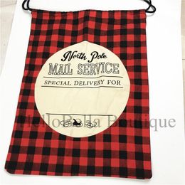 50pcs Wholesale Red & Black Check Santa Sack North Pole Mail Service Cotton Canvas Christmas Gift Bag