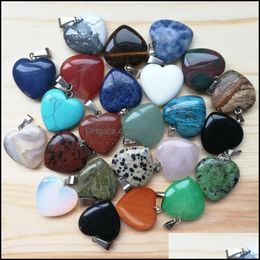 Charms Jewellery Findings Components Heart Shape Natural Stone Rose Quartz Tigers Eye Opal Pendants For Diy Neck Dhqau