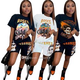Plus Size Loose Tracksuits Summer New Women's Streetwear Short Sleeved Skull Printing Two Piece Shorts Set