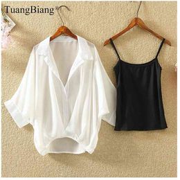 Ladies Two Piece Set Plus Size Chiffon Shirts Summer Half Sleeve Loose V-Neck Women Casual Blouse Autumn Sexy Cool Tops 210326