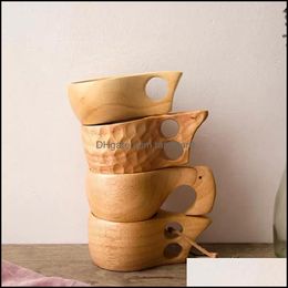 Nordic Style 4 Kinds Rubber Wood Cups With Handle Kuksa Wooden Coffee Mugs Rope Handmade Two Holes Portable Drinking Water Drop Delivery 202