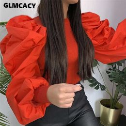 Women Long Puff Sleeve Solid Patchwork Blouse Top Elegant Office Ladies Workwear Chic Autumn Streetwear Shirt Blouses 210702