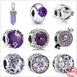 925 Sterling Silver Dangle Charm New Purple Round Solitaire Clip Beads Bead Fit Pandora Charms Bracelet DIY Jewellery Accessories