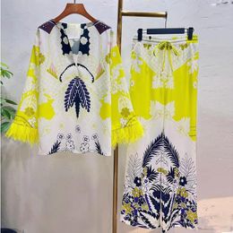 Women's Two Piece Pants Design Fashion Women Suit Summer Autumn Feather Long Sleeve V-Neck Top Loose Flowers Printed Yellow Vintage SetsWome