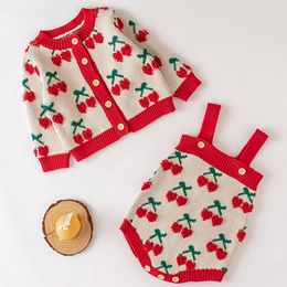 Clothing Sets Knitting Clothes Baby Girls Cherry Embroidered Cardigan Romper 2pcs Infant Spring Knitted Warm Set ClothingClothing