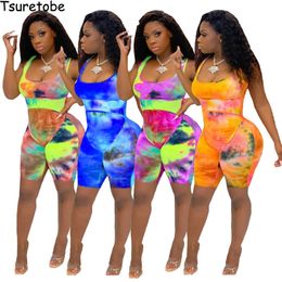 Tsuretobe Tie Dye Print Jumpsuit Women Summer 2020 Patchwork Playsuit With Zipper Spaghetti Strap Rompers Skinny Club Outfits T200704