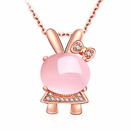 Wholesale CZ Crystal Pink Opal Pendant Necklace Chokers Rose Gold Silver Necklaces for Women Girls Ross Quartz Cute Gift