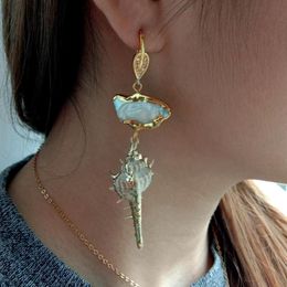 Dangle & Chandelier Y.YING Yellow Gold Colour Plated White Biwa Pearl Sea Snail Shell Drop Earrings Punk Style For WomenDangle