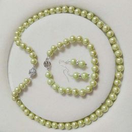 8mm Light Green Shell Pearl necklace Bracelet Earring Set AAA