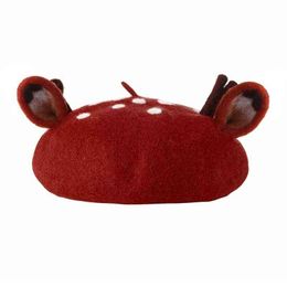 Women Christmas Bear Cap Cute 3D Reindeer Antlers Ears Faux Felt Painter Hat J220722