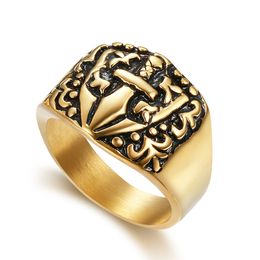 stainless steel ring golden antique men's honor soldiers knights templar regalia sword Shield cross The rings Knife punk ring jewelry