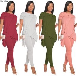 CM.YAYA Active Wear Solid Women's Set O-neck Bow Hem T-shirts Pencil Pants Suit Tracksuit Sporty Two Piece Fitness Outfit 220509