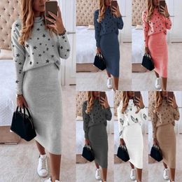 Two Piece Dress Set Casual Skirt Suit Outfit Women Long Sleeve Turtleneck Bodycon Mid-Calf Blouse SkirtTwo