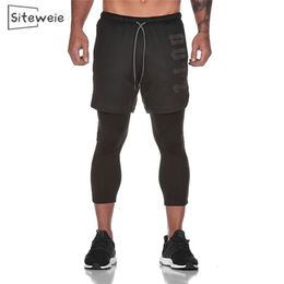 SITEWEIE Mens Fitness Men Quick-drying Gym Trousers Sweat Joggers Fake Two-piece Sports Ninth Pants L360 201128