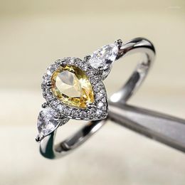 pear weddings UK - Cluster Rings Huitan Charming Yellow Pear Shape CZ Women Elegant Party Accessories Lady Wedding Anniversary Gift Ring Statement Jewelry Kenn