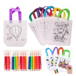 DIY Graffiti Bag with Markers Handmade Painting Non-Woven Bag for Children Arts Crafts Colour Filling Drawing Toy C0614X10