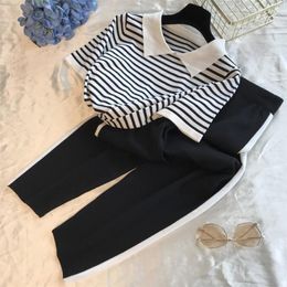 Fashion Stripe Patchwork Knitted Two Peice Set Women Turndown Collar Short Sleeve Sweater Topsharem Pants Casual Tracksuit 220613