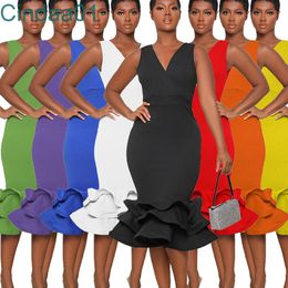 Women Sexy Evening Dress New V-neck Sleeveless Panelled Bodycon Dresses 3D Solid Colour Skirt Dress S-XXL