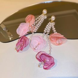 Dangle & Chandelier New Fashion Sweet Hyperbole Style Fresh Flowers Modelling Drop Earrings Long Tassels Fine Pearl Elegant Women Earrings