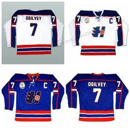 Nikivip Custom Captain Halifax Highlanders Gord Ogilvey #7 Hockey Jersey Movie Stitched White Blue Size 2XS-3XL Any Name Number Top Quality