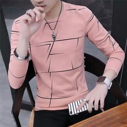 T Shirt Men Autumn Winter Long Sleeve shirt Stripe shirt s O Neck Casual Pink White Black 220618