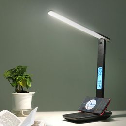 Table Lamps Led Reading Light Business Office Desk Lamp Touch Dimmable Foldable With Calendar Temperature Alarm Clock LamparasTable