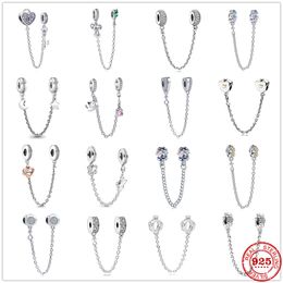 925 Silver Fit Pandora Charm 925 Bracelet Clear Sparkle Butterfly Safety Chain charms set Pendant DIY Fine Beads Jewelry