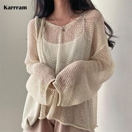 Karrram Lazy Style Full Sleeves Jumpers Tops Hollow Out Sexy Women Fashion Casual Streetwear Chic Femme Sweaters Pullovers 220812