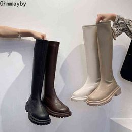 Slim Thigh High Boots Platform Women Thick Sole Kneehigh Shoes Black Winter Leather Long Motorcycle 220802