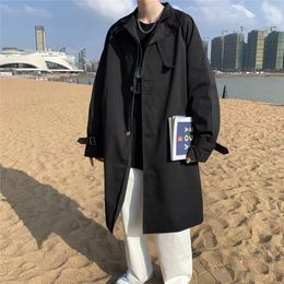 Men's Trench Coats Black Windbreaker Men's Chic Fashion Solid Colour Casual Loose Korean High Street Turn-down Collar Long Sleeve CoatMen