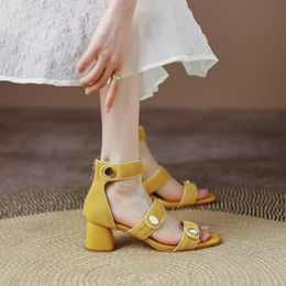 Sandals Summer Gladiator Med Heel 5.5 CM Cow Suede Sandles With Zipper Open Toe Roman Style Ladies Vintage Shoes Size 40Sandals