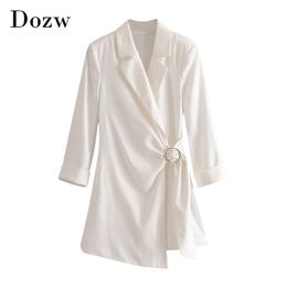 BlazerStyle Playsuit Women Office Wear Long Sleeve White Bodysuit Notched Collar Solid Elegant Short Jumpsuit With Belt 210515