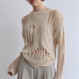 Autumn Korean Style Longsleeved Sexy Hole Sweater Asymmetric Hem Loose Pullover Hollow Out Thin Knit Sweater Jumper Tops 220817