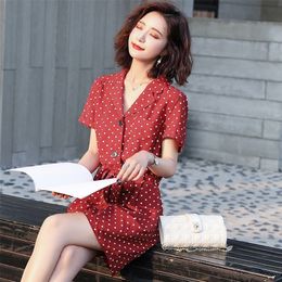 Wine Red Polka Dot 1pc Shorts 2020 nian Summer Lapel Collar Shirt Waist Bow Jumpsuits Holiday by the Seaside T200704