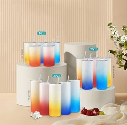 16oz 20oz 25oz Sublimation Glass Beer Mugs Gradient Colourful tumblers frosted double wall Drinking Glasses With Bamboo Lid And Reusable Straw