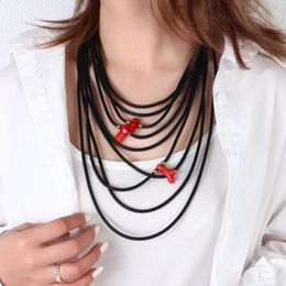 Pendant Necklaces Amorcome Handmade Black Wrap Necklace For Women Multi-strand Red Beads Rubber Rope Chain Statement JewelryPendant