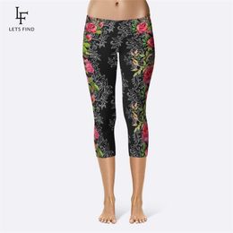 Women High Quality Leggings High Waisted Flower Print Pants Fitness MidCalf Elastic Comfortable Black Leggings 201014