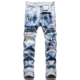 Men's Jeans European Jean Hombre Men Embroidery Ripped For Trend Brand Motorcycle Pant Mens Skinny 3318