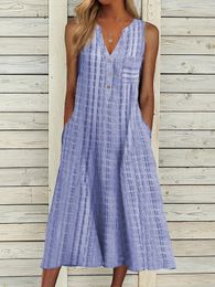 Summer Printed Dresses Women V-neck Sleeveless Striped Dress with Pocket