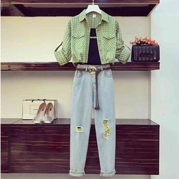 Chic Design Sashes Hole Denim Pants Suits Autumn High street Fashion Plaid Shirt With Letter Sling Casual 3 Piece Set Women 210331
