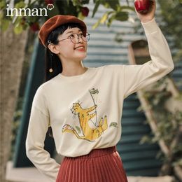 INMAN Autumn Winter Arrival Cat Embroidery Cute Funny Dropped-shoulder Round Neck Pullover Top Sweater 201223